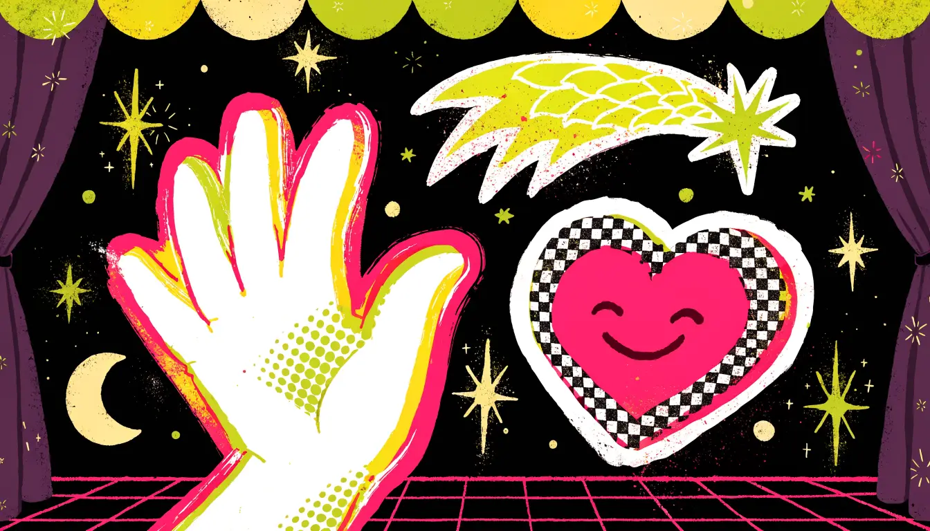 Cena cósmica de boas-vindas no estilo Gravidade Zero: mão acenando, coração sorridente e cortinas de circo