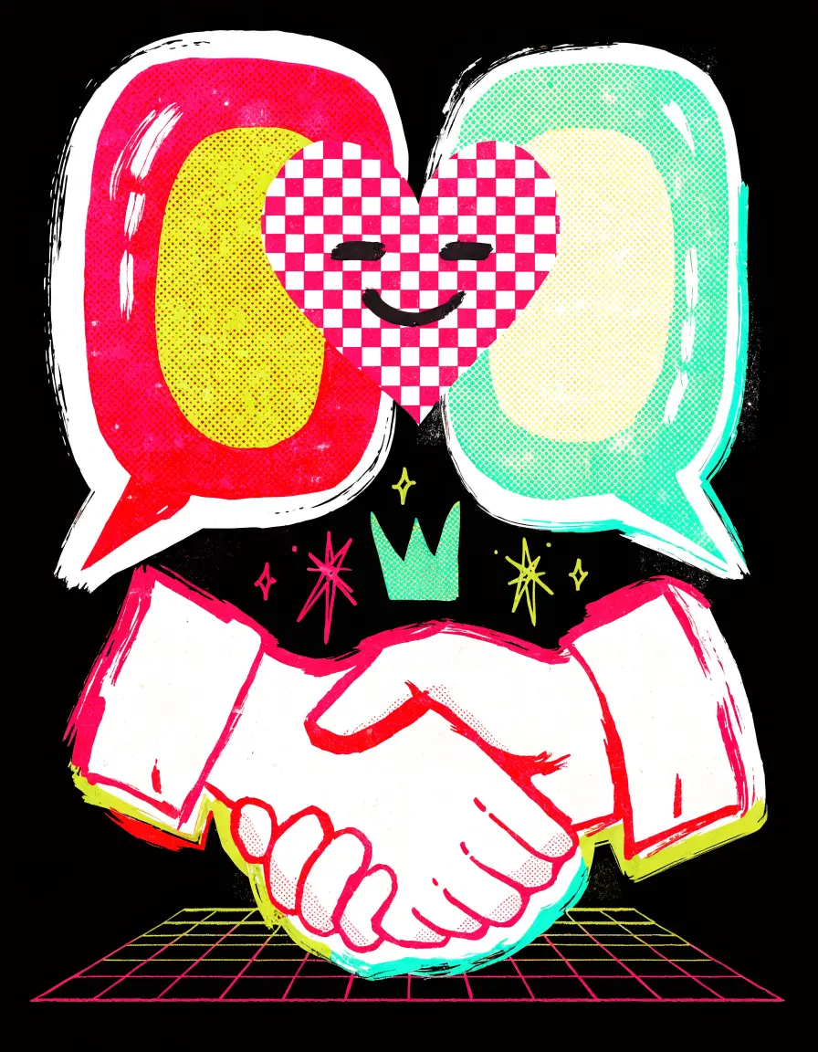 Ilustração no estilo Gravidade Zero: dois balões de conversa, um coração sorridente e um aperto de mão fechando o negócio
