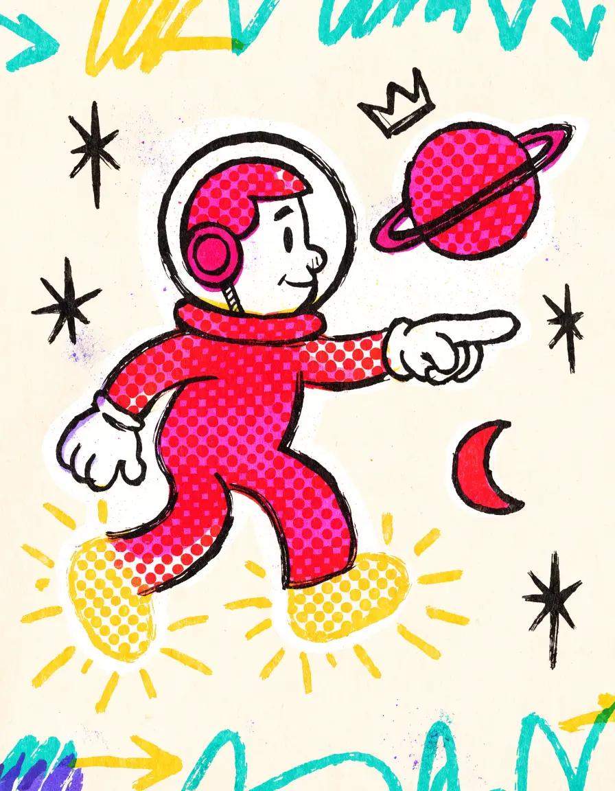 O Rafa como astronauta apontando o caminho, ilustração editorial no estilo Gravidade Zero